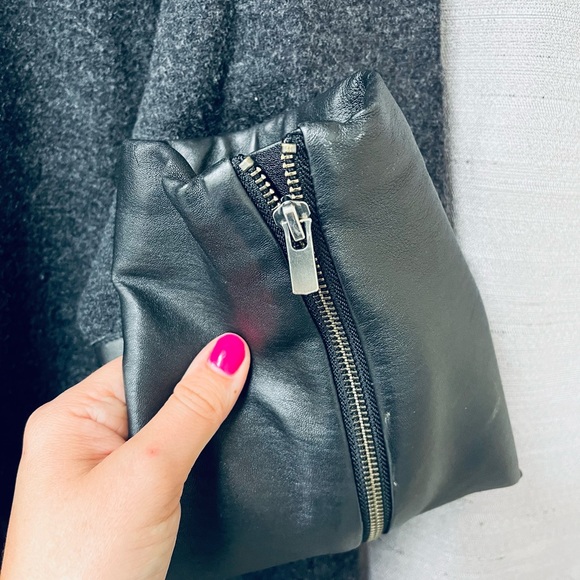 SOLD Eileen Fisher High Neck Black Leather Sleeve Dark Grey Wool Jacket Size XL - Picture 7 of 11